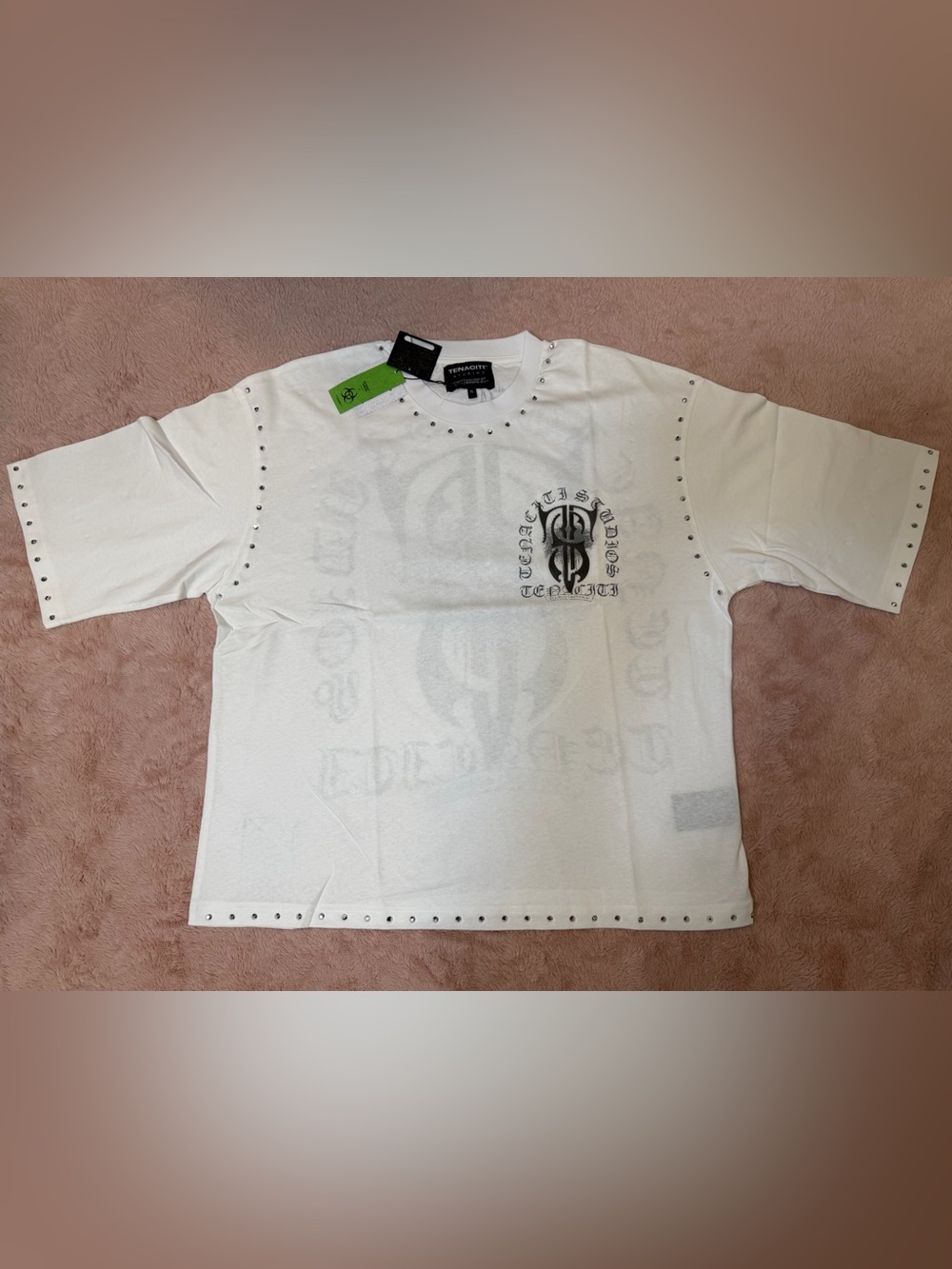 Stud-Trim Cream Short Sleeve Graphic Tee